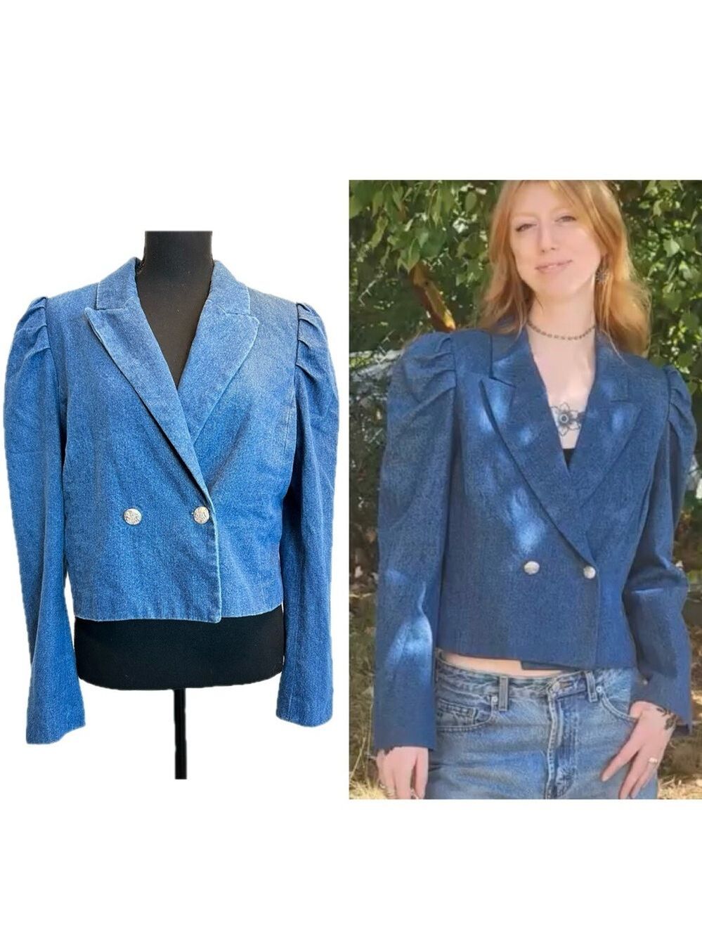 500 Maison Cinqcent blue denim Puff Sleeve cropped bolero Blazer Jacket Sz M